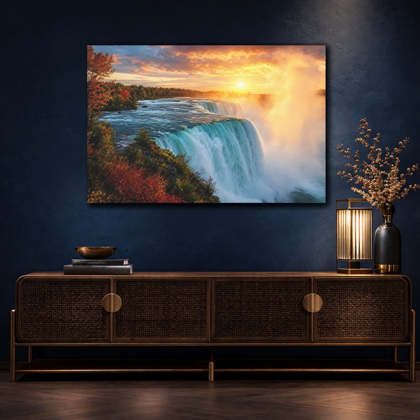Mockup 4. Nature Waterfall Sunset Waterfall shown as stretched canvas wall art