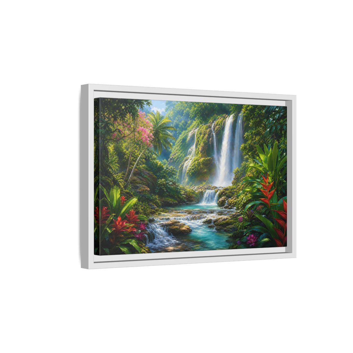 Side Mockup 4. Nature Waterfall Tropical Waterfall shown as stretched canvas wall art