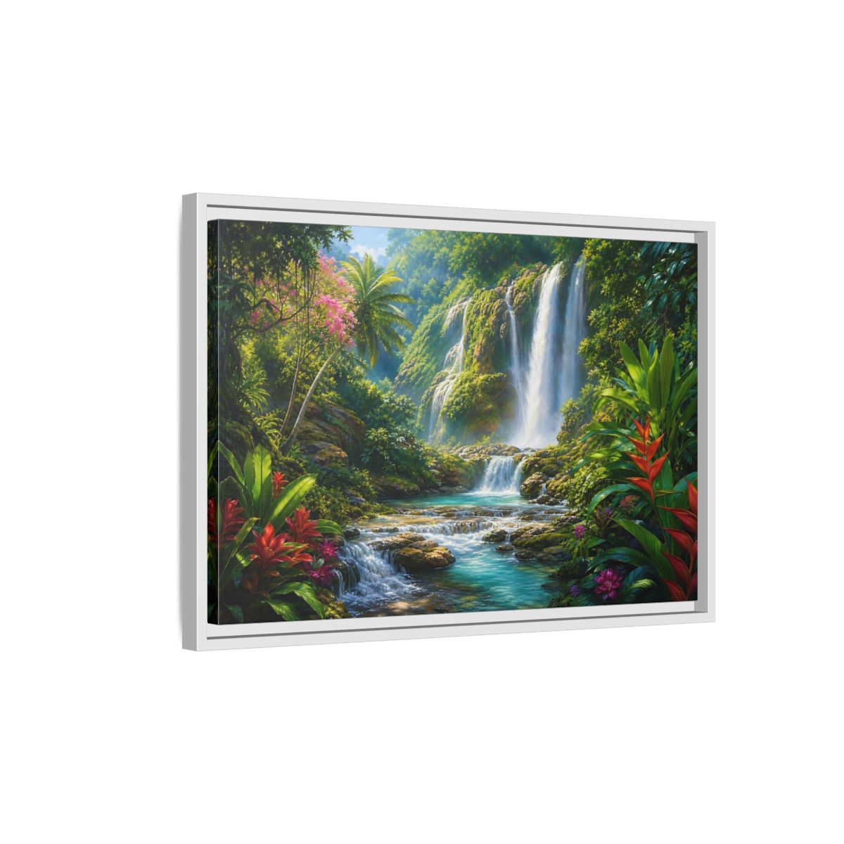 Side Mockup 1. Nature Waterfall Tropical Waterfall shown as stretched canvas wall art