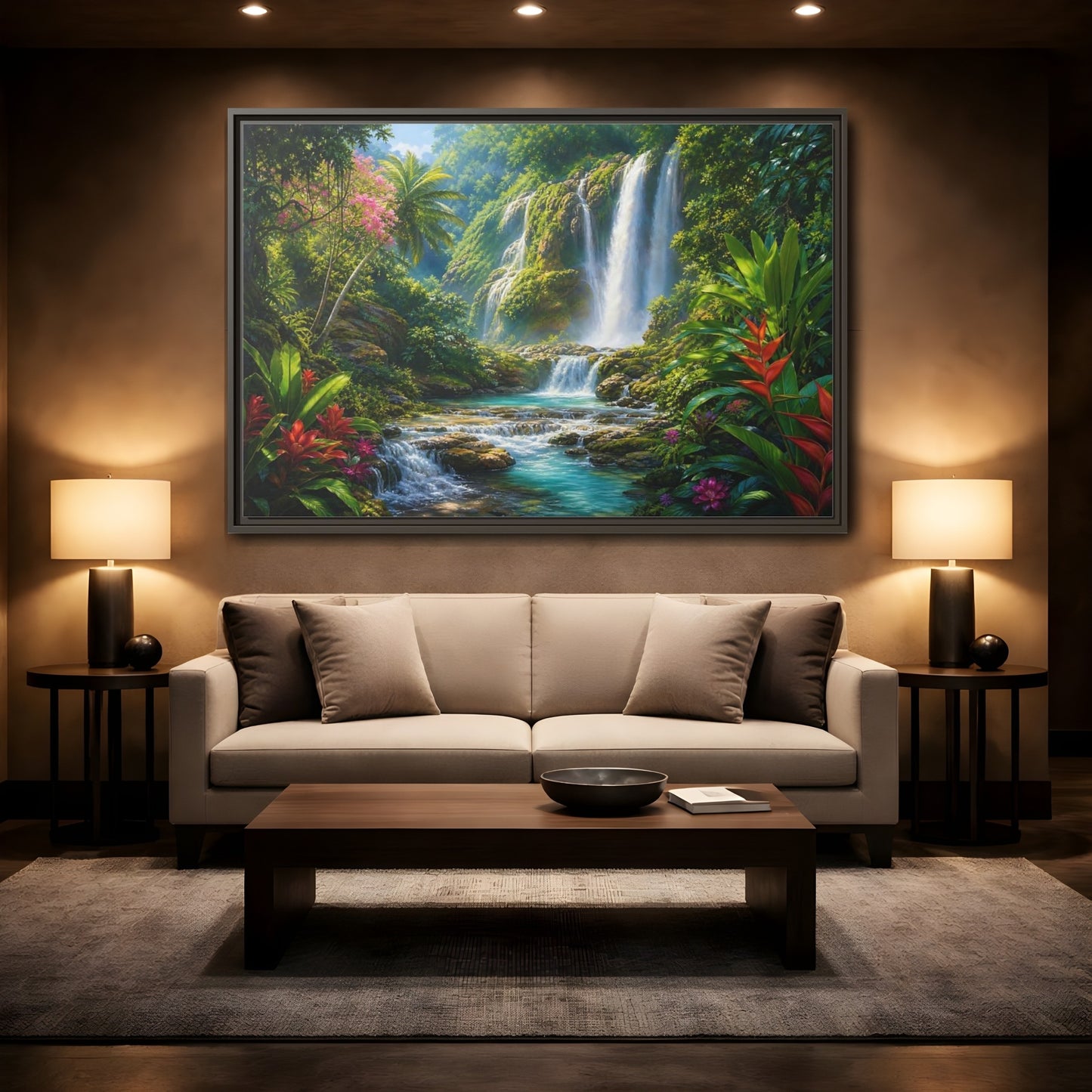 Mockup 2. Nature Waterfall Tropical Waterfall shown as stretched canvas wall art