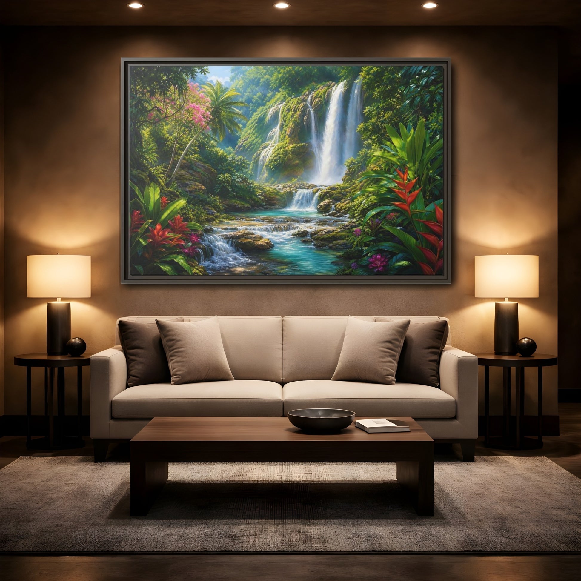 Mockup 2. Nature Waterfall Tropical Waterfall shown as stretched canvas wall art
