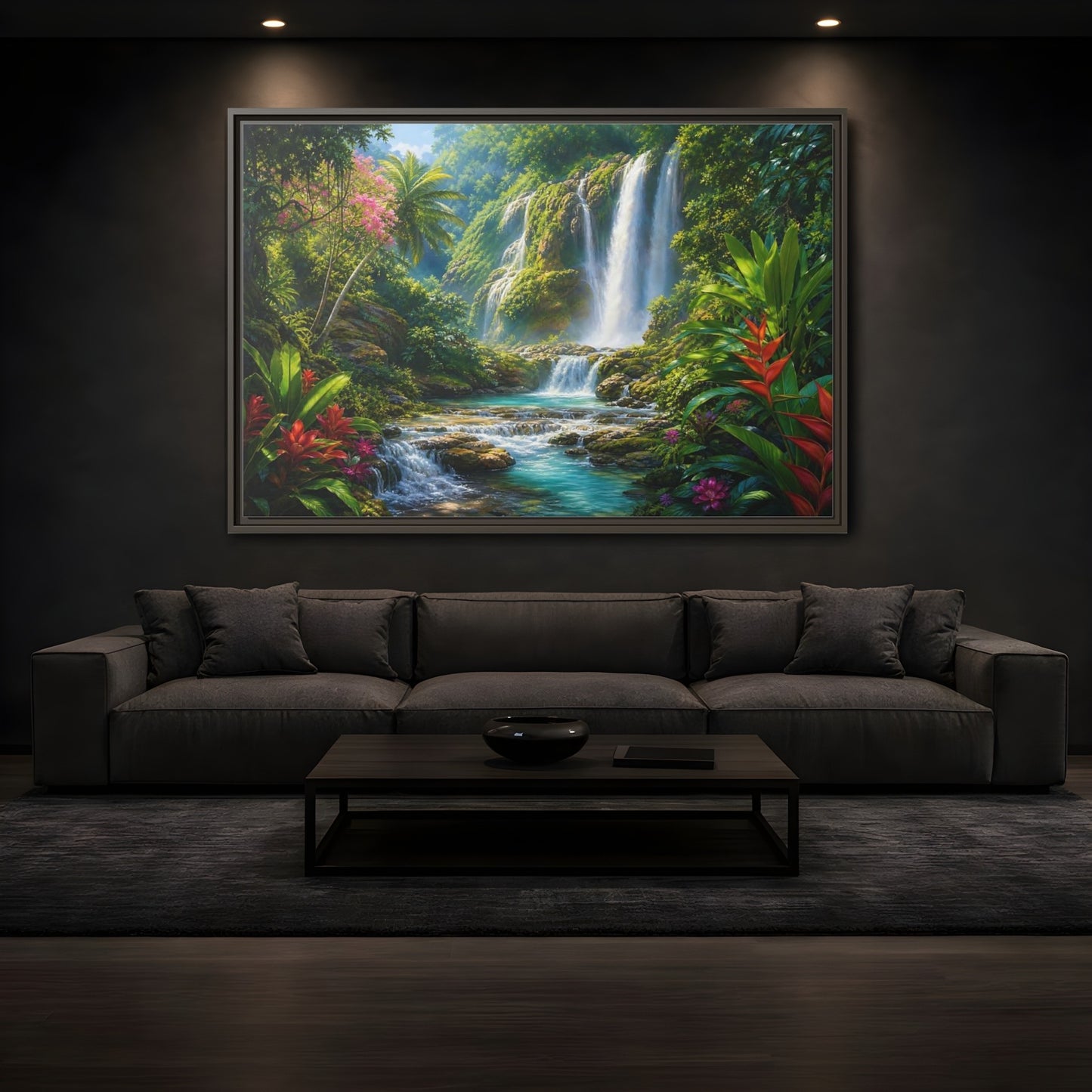 Mockup 3. Nature Waterfall Tropical Waterfall shown as stretched canvas wall art