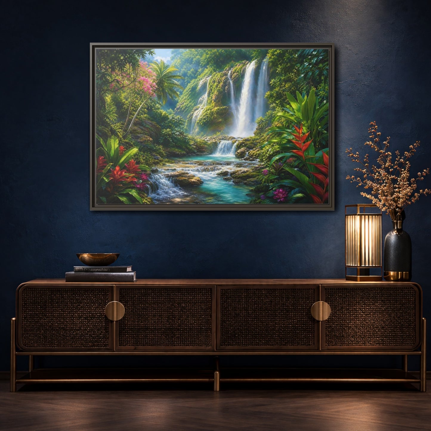 Mockup 4. Nature Waterfall Tropical Waterfall shown as stretched canvas wall art