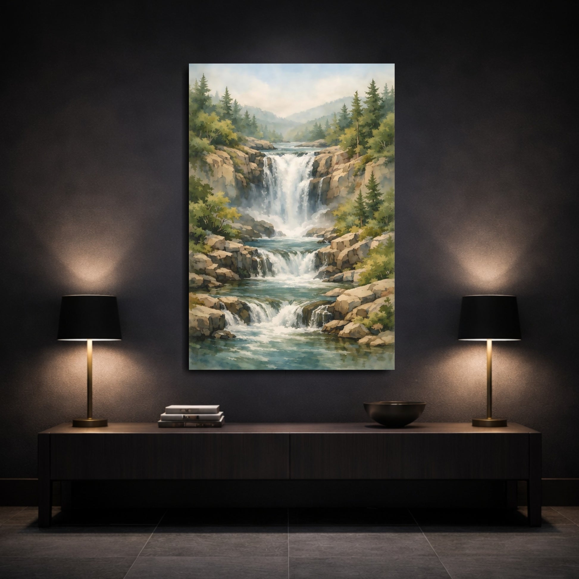 Mockup 2. Nature Waterfall Waterfall Landscape shown as stretched canvas wall art