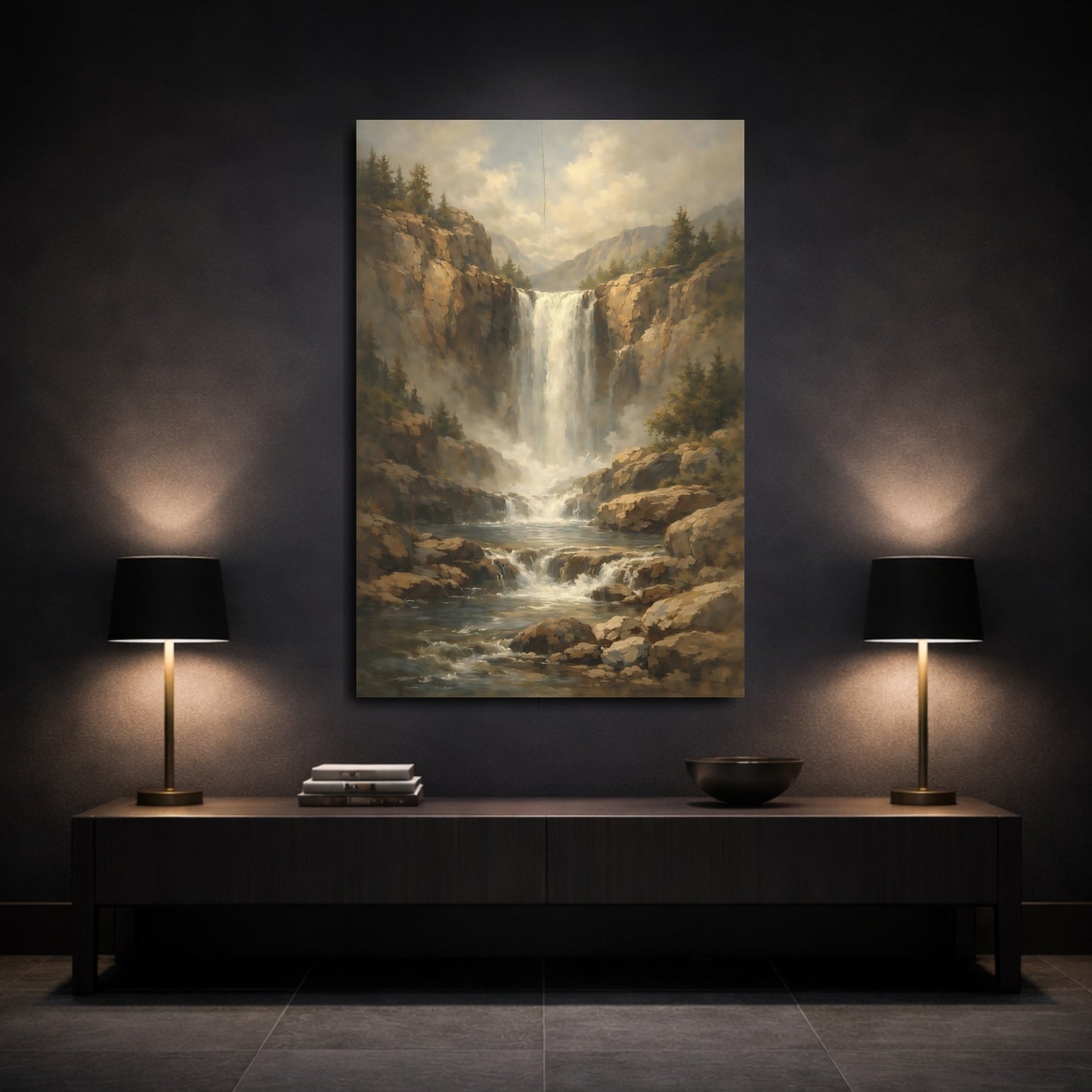 Mockup 2. Nature Waterfall Waterfall Landscape shown as stretched canvas wall art