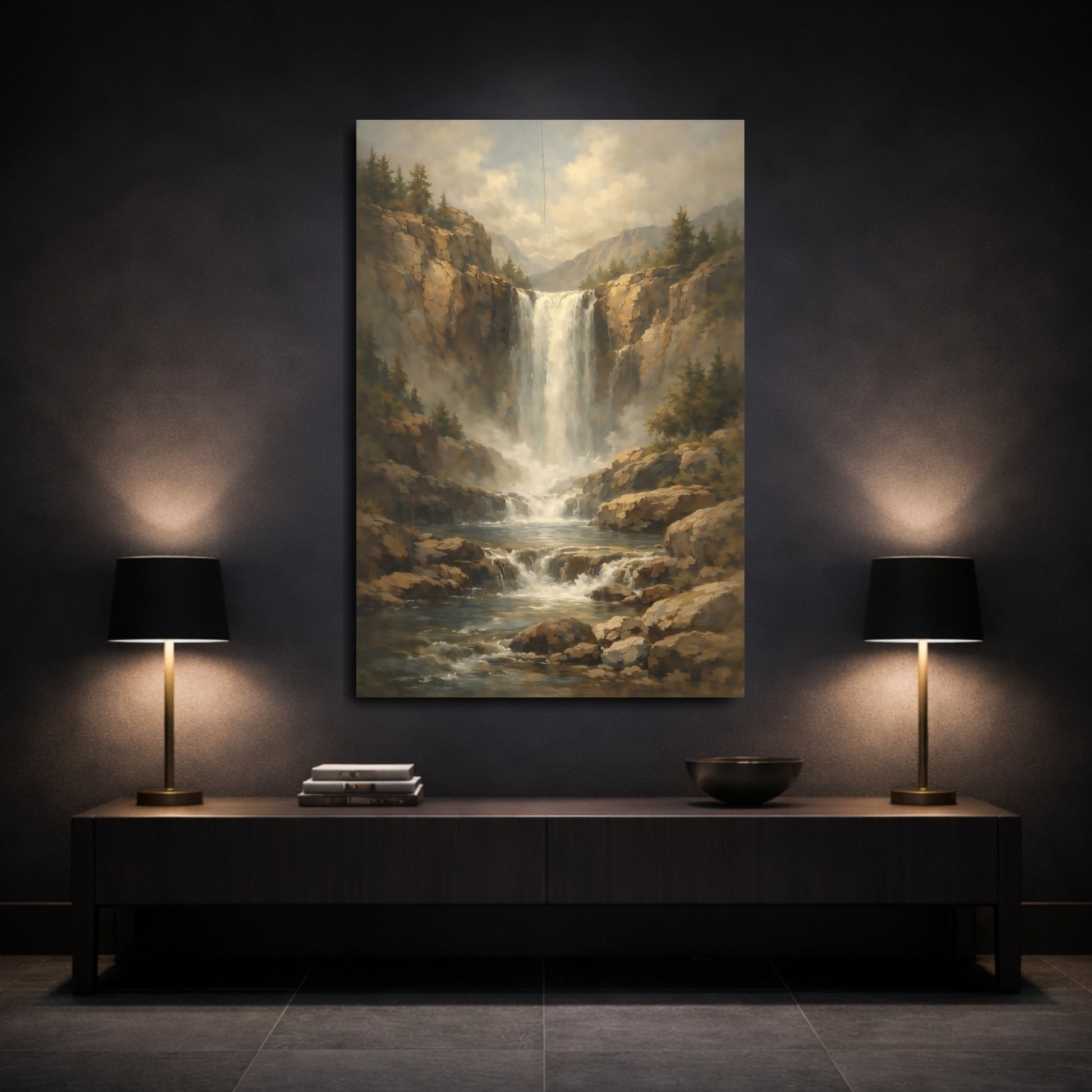 Mockup 2. Nature Waterfall Waterfall Landscape shown as stretched canvas wall art