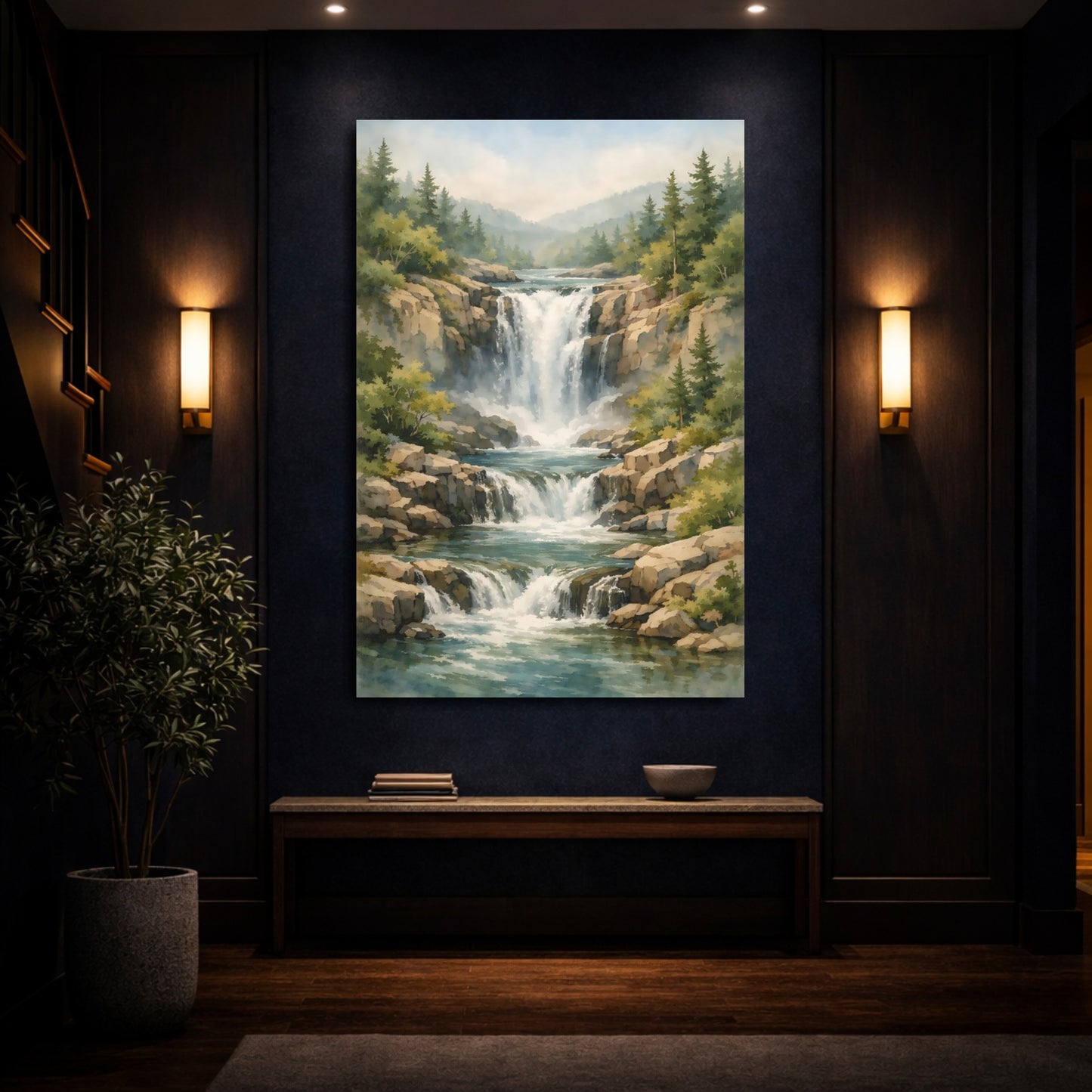 Mockup 3. Nature Waterfall Waterfall Landscape shown as stretched canvas wall art