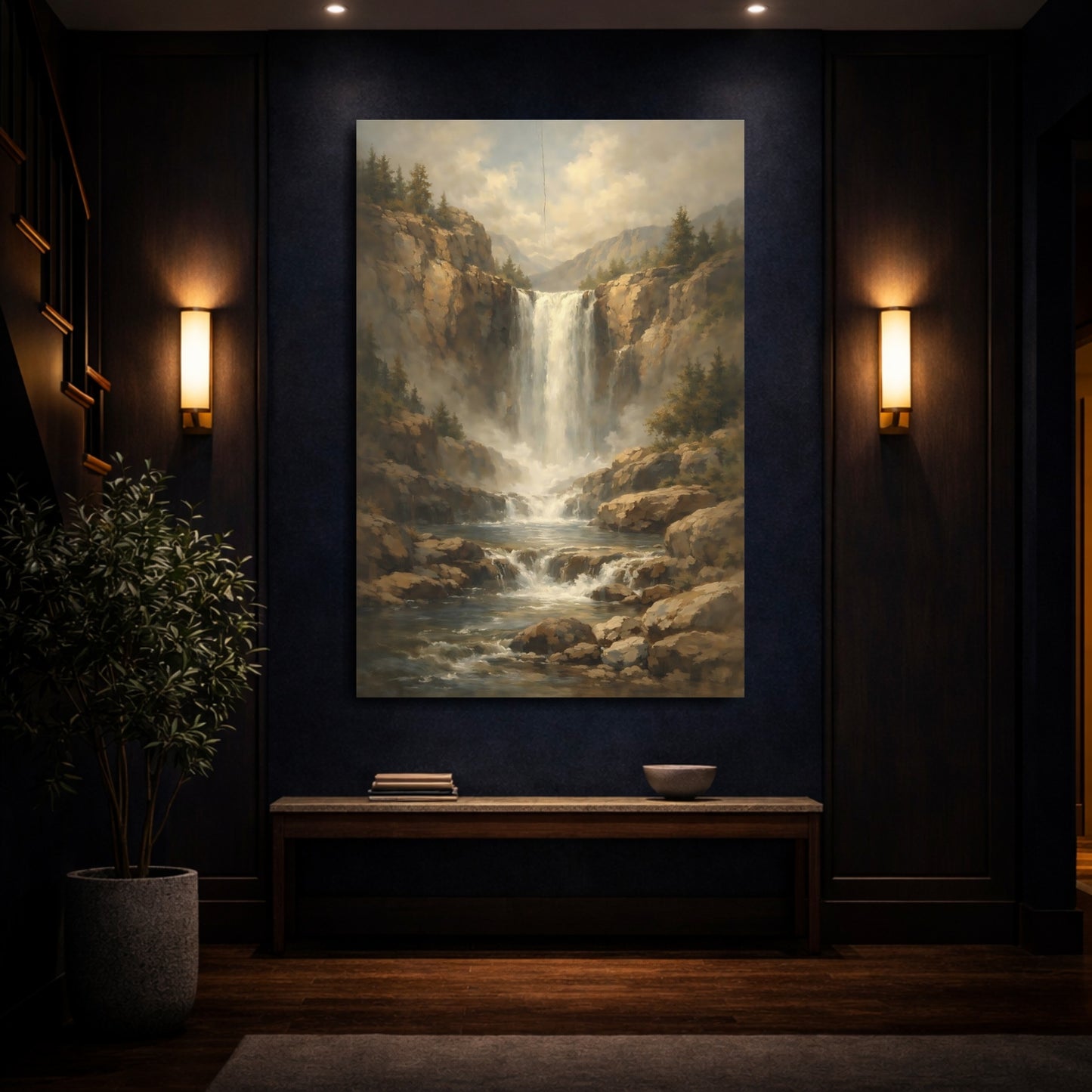 Mockup 3. Nature Waterfall Waterfall Landscape shown as stretched canvas wall art