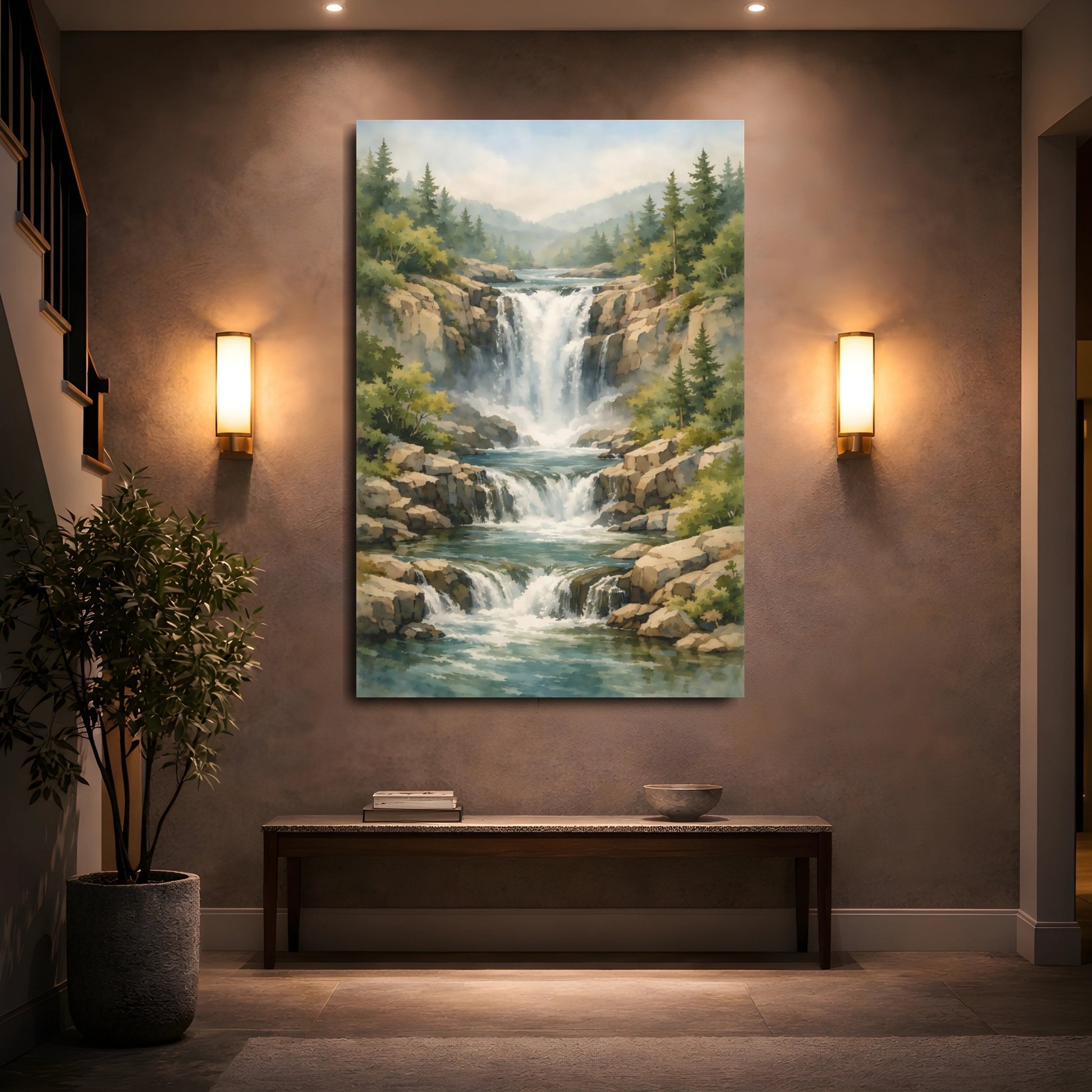 Mockup 4. Nature Waterfall Waterfall Landscape shown as stretched canvas wall art