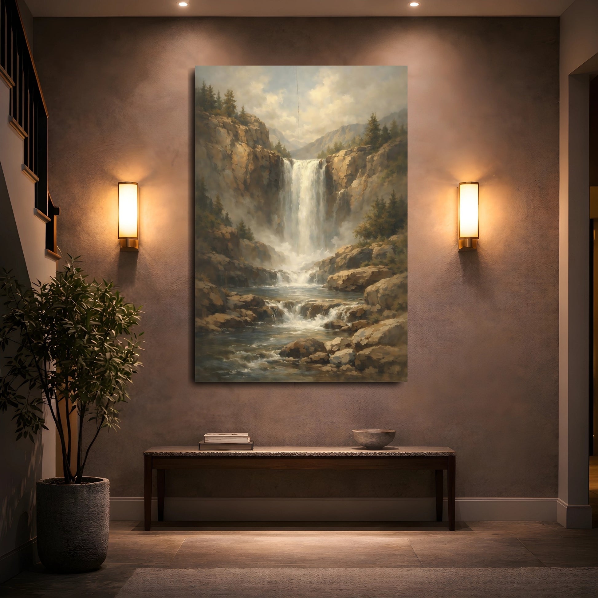 Mockup 4. Nature Waterfall Waterfall Landscape shown as stretched canvas wall art