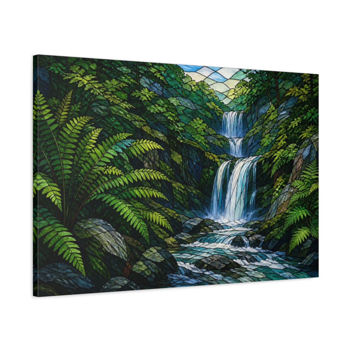 Main Mockup. Nature Waterfall With Ferns shown as canvas print