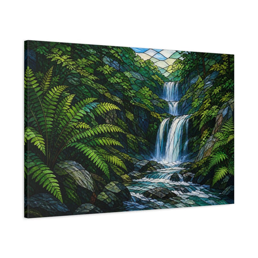 Nature Waterfall With Ferns Canvas Print – Living Room, Above Console Table, Jade Green & Slate Blue - YesArtYes