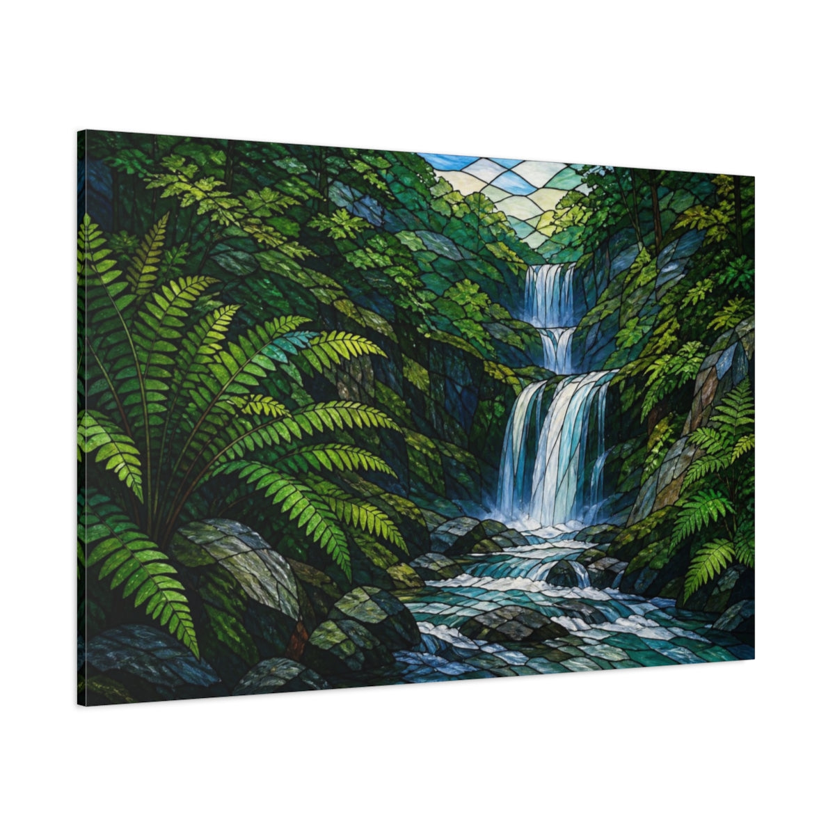 Side Mockup 1. Nature Waterfall With Ferns shown as canvas print