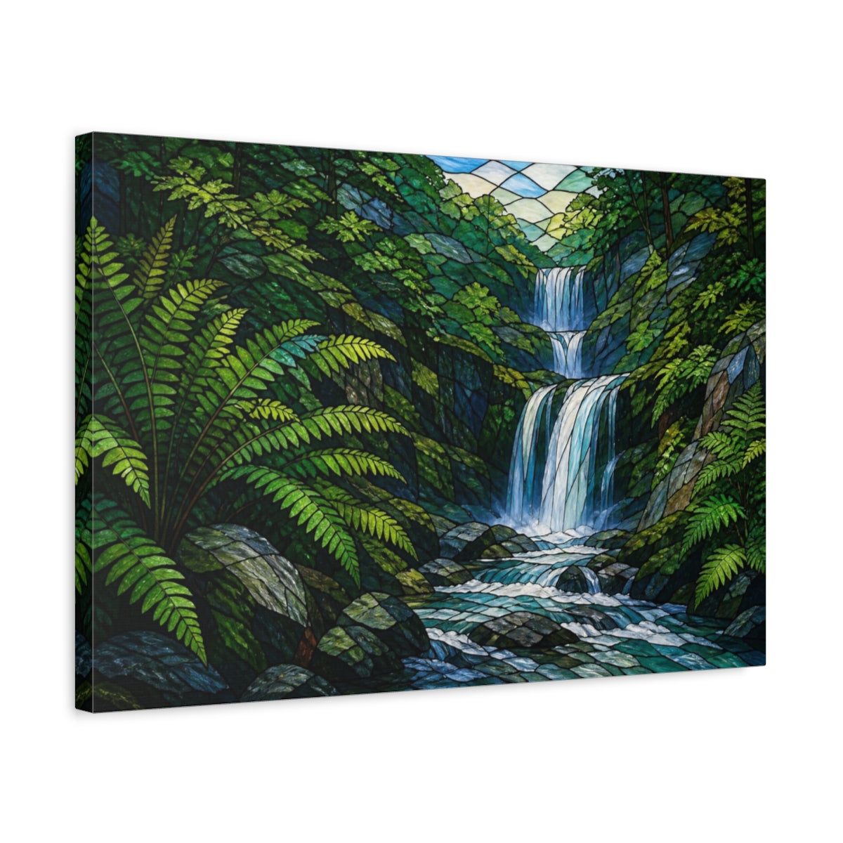 Side Mockup 3. Nature Waterfall With Ferns shown as canvas print