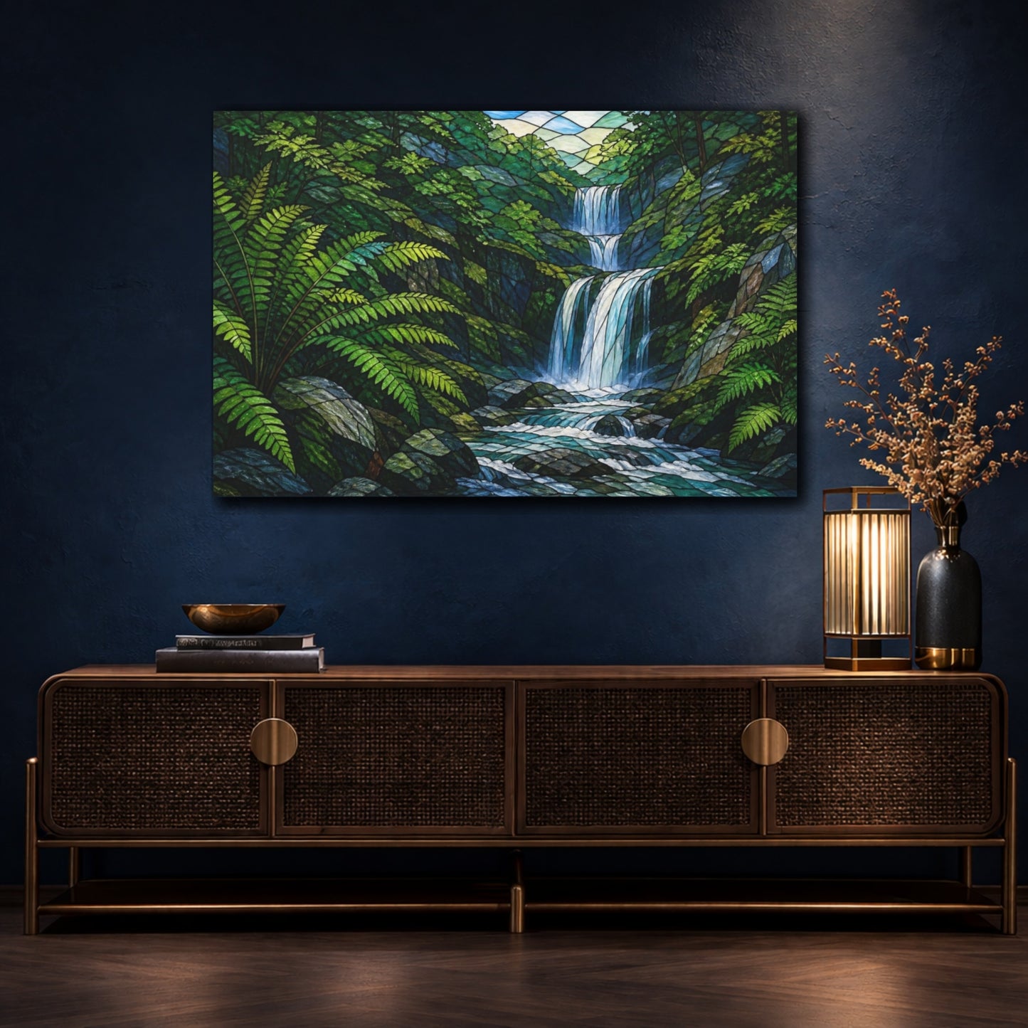 Mockup 4. Nature Waterfall With Ferns shown as canvas print