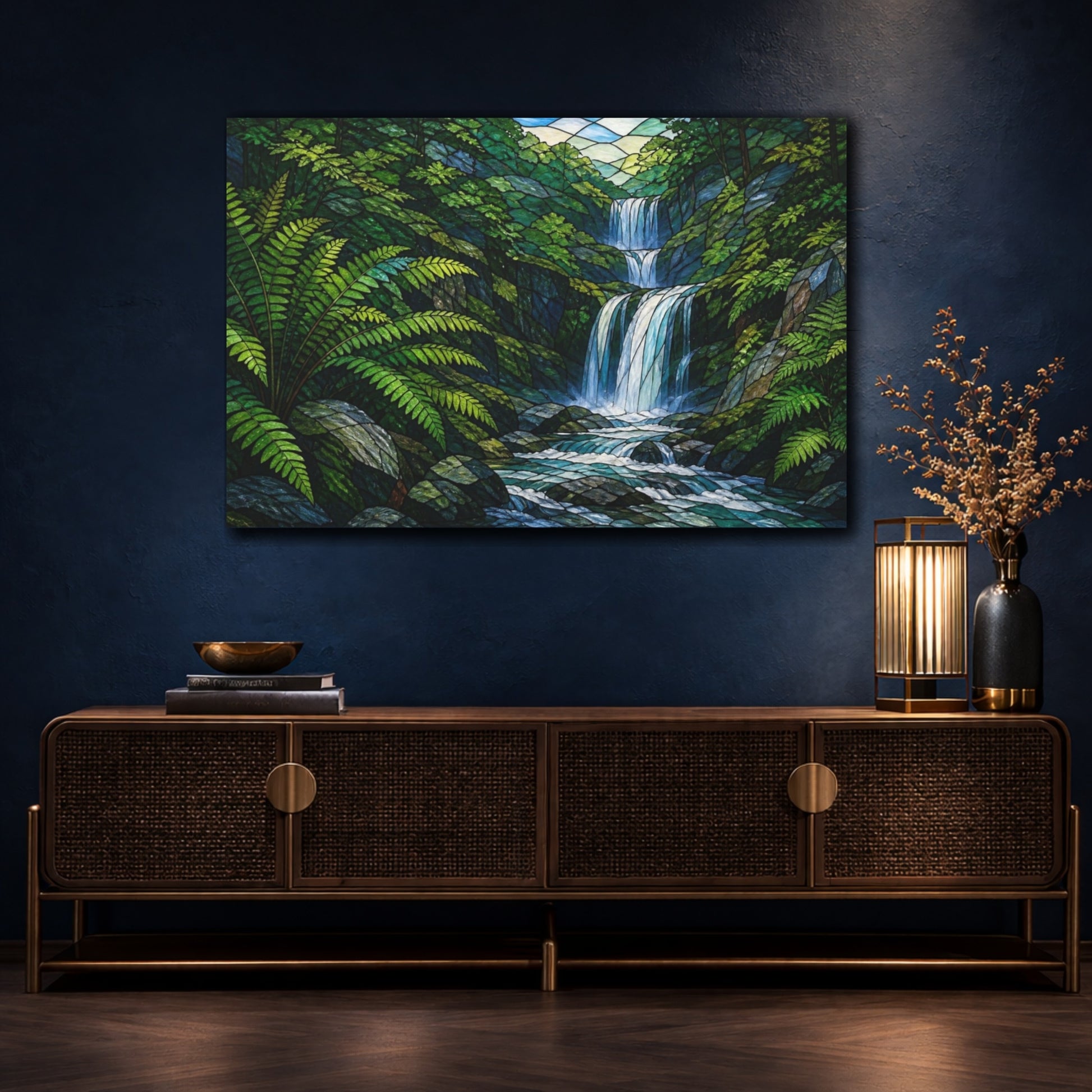 Mockup 4. Nature Waterfall With Ferns shown as canvas print