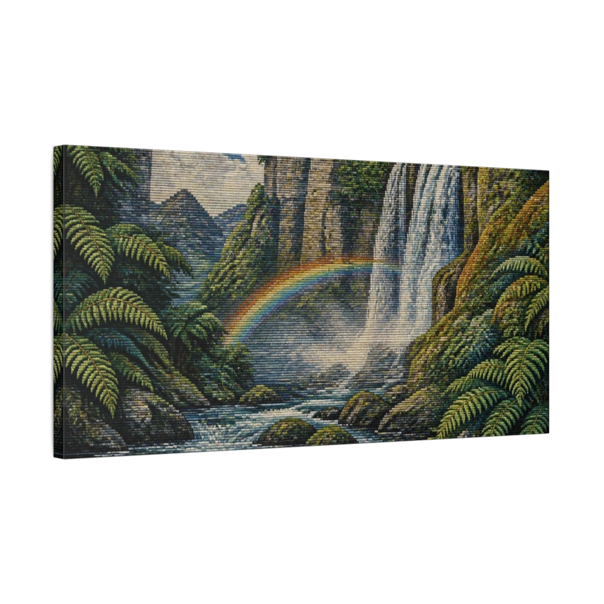 Side Mockup 1. Nature Waterfall With Rainbow shown as canvas print