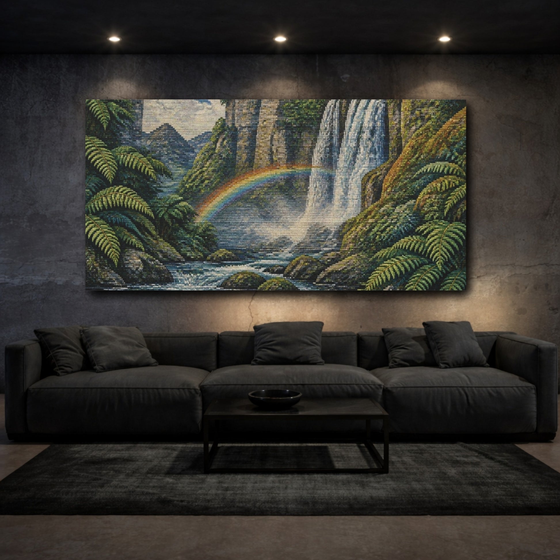 Mockup 3. Nature Waterfall With Rainbow shown as canvas print