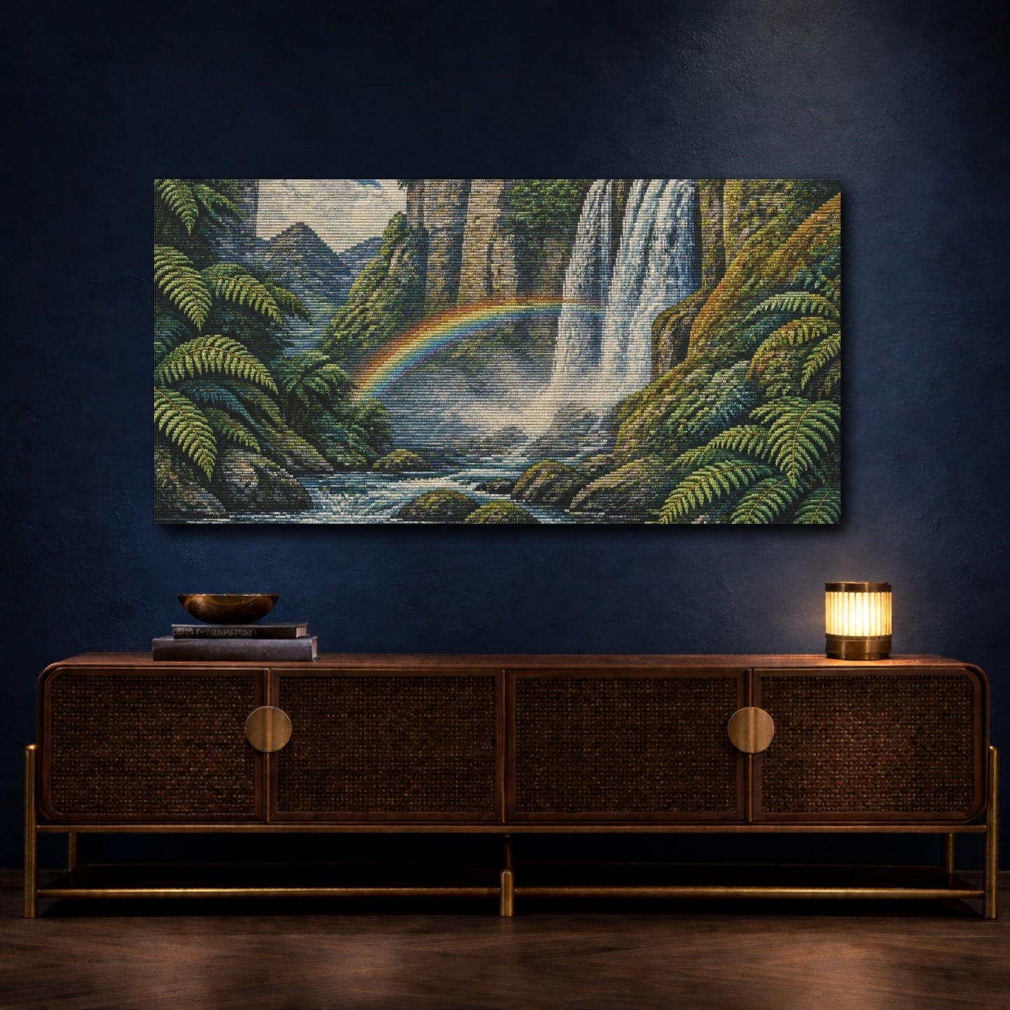 Mockup 4. Nature Waterfall With Rainbow shown as canvas print