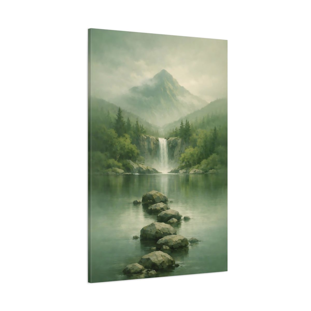Main Mockup. Nature Waterfall, Mountains Misty Green shown as stretched canvas wall art