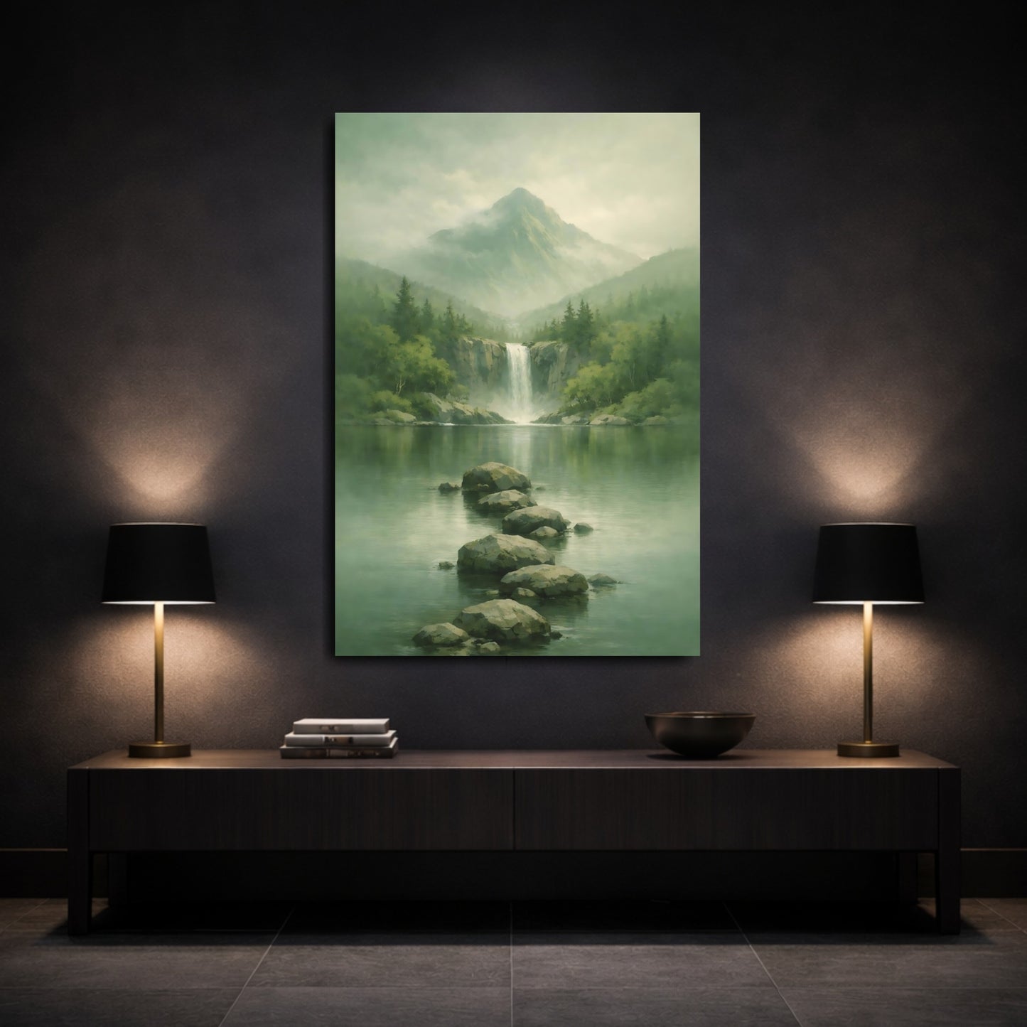 Mockup 2. Nature Waterfall, Mountains Misty Green shown as stretched canvas wall art