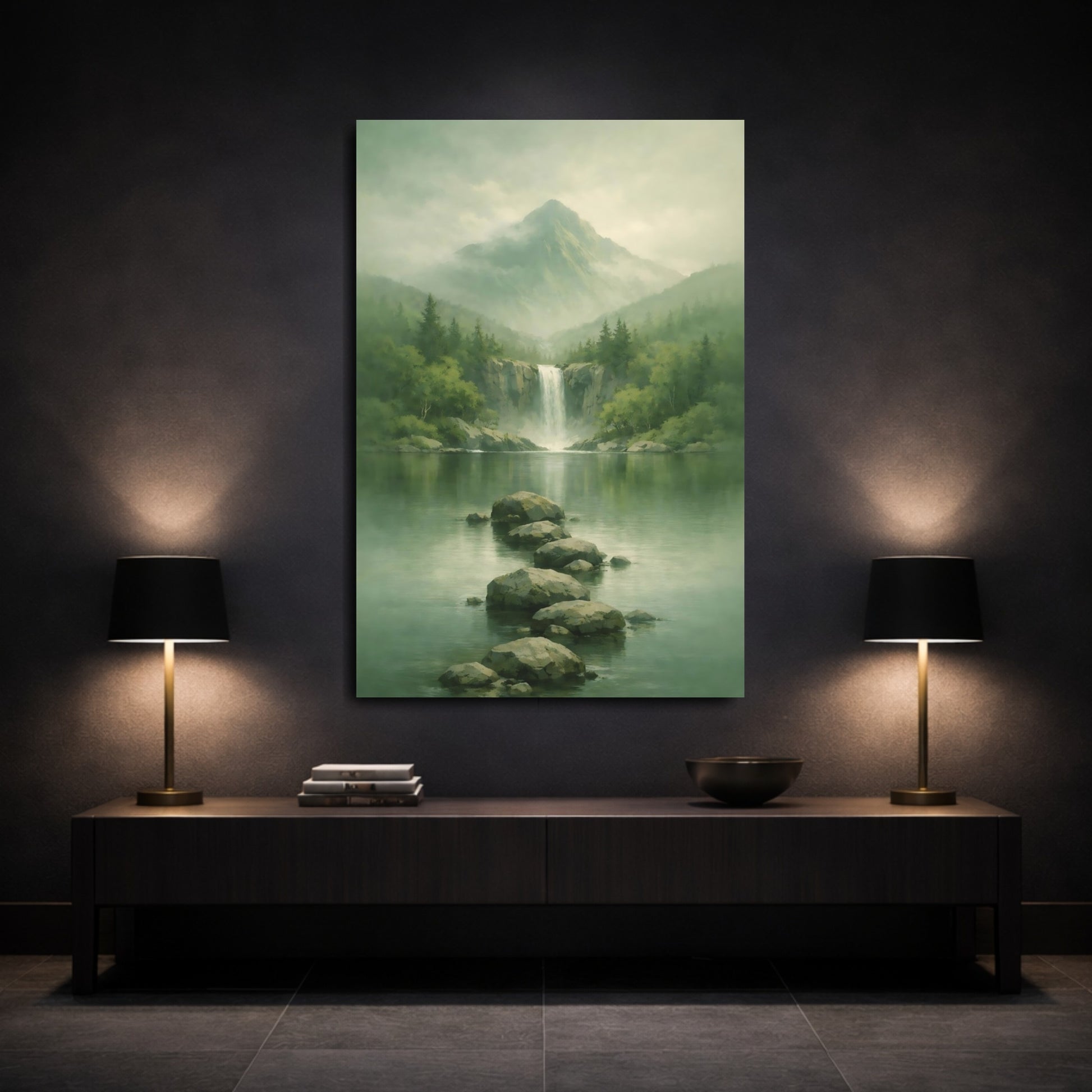 Mockup 2. Nature Waterfall, Mountains Misty Green shown as stretched canvas wall art