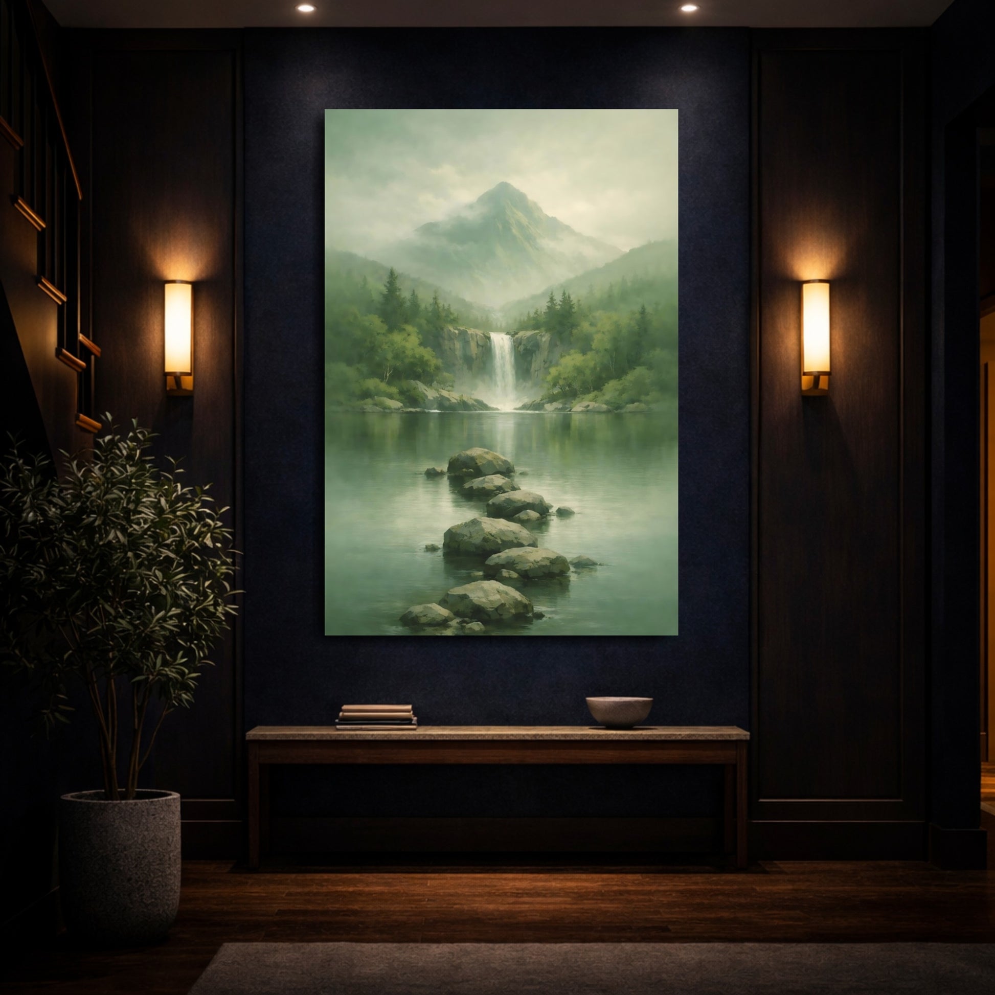 Mockup 3. Nature Waterfall, Mountains Misty Green shown as stretched canvas wall art