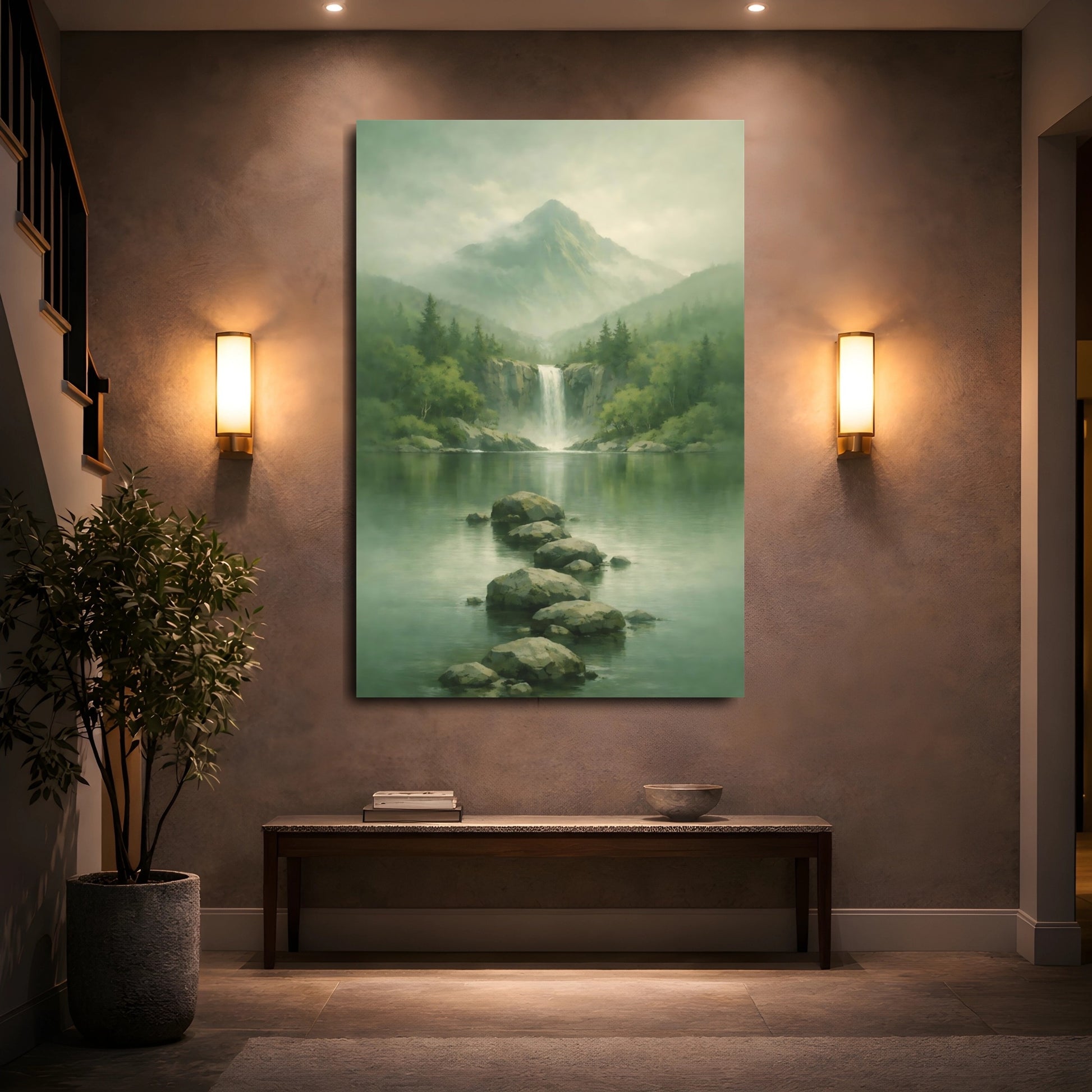 Mockup 4. Nature Waterfall, Mountains Misty Green shown as stretched canvas wall art