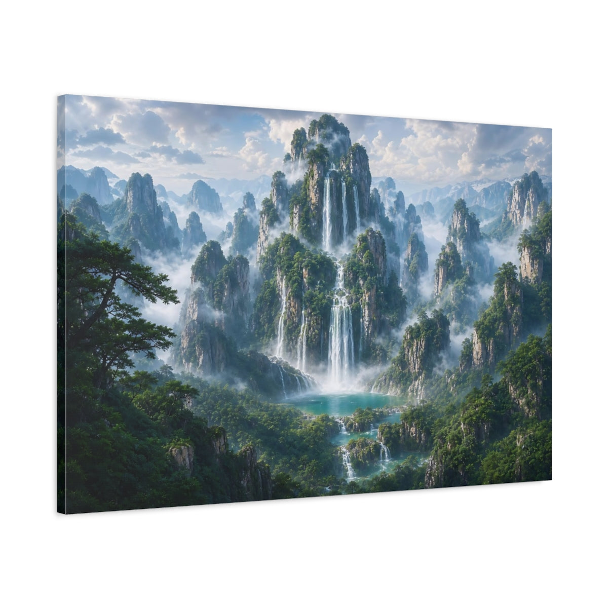 Main Mockup. Nature Waterfalls Green Blue Landscape shown as stretched canvas wall art