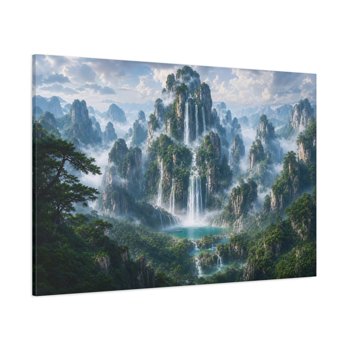 Side Mockup 1. Nature Waterfalls Green Blue Landscape shown as stretched canvas wall art