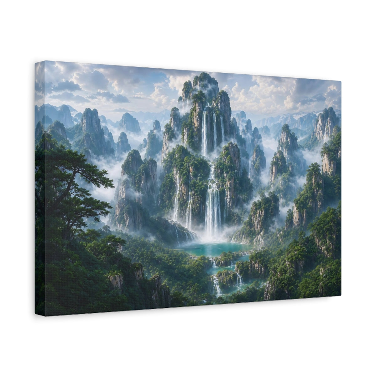 Side Mockup 4. Nature Waterfalls Green Blue Landscape shown as stretched canvas wall art