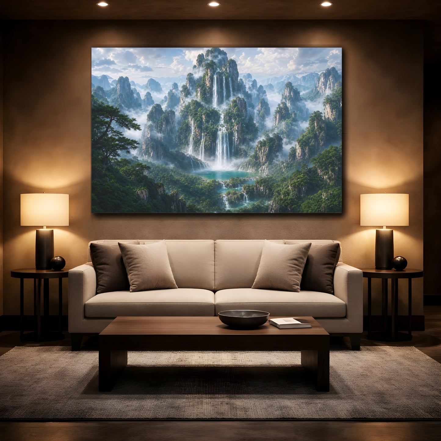 Mockup 2. Nature Waterfalls Green Blue Landscape shown as stretched canvas wall art