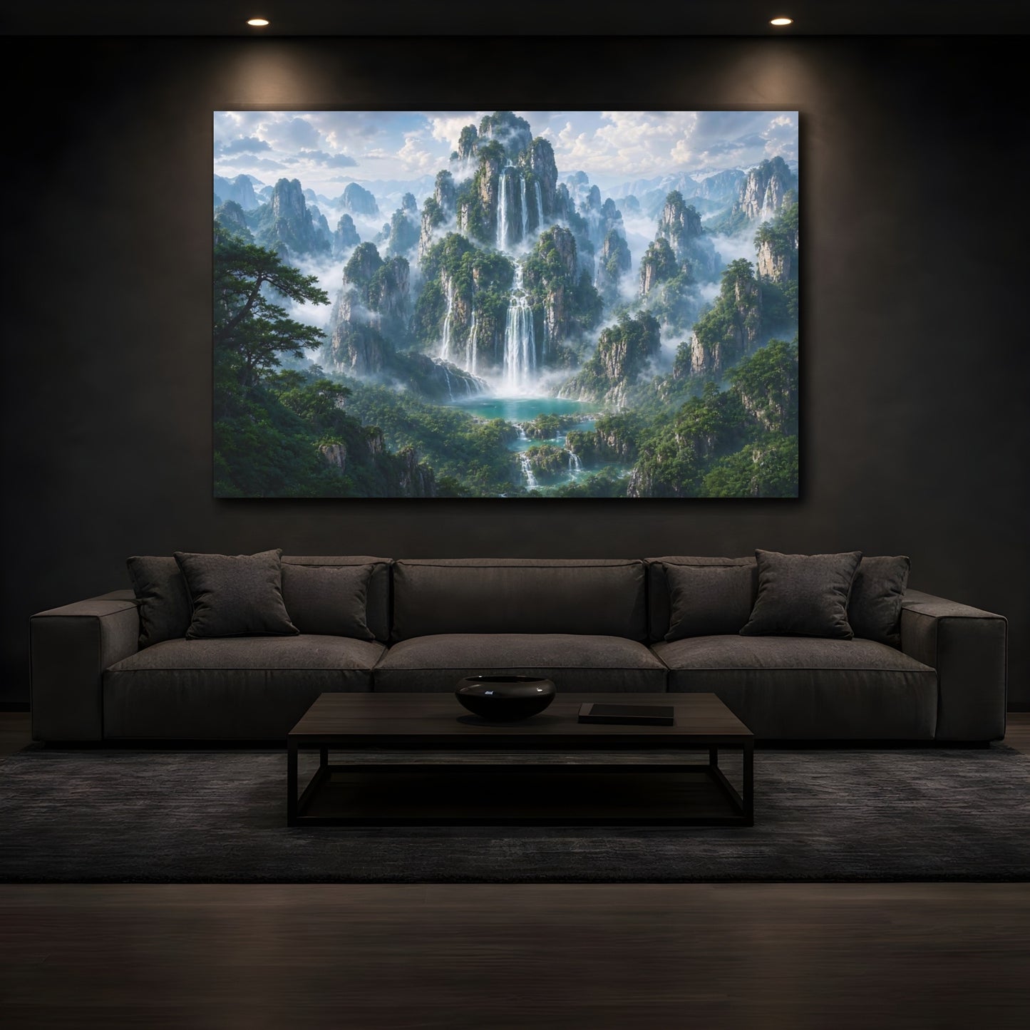 Mockup 3. Nature Waterfalls Green Blue Landscape shown as stretched canvas wall art