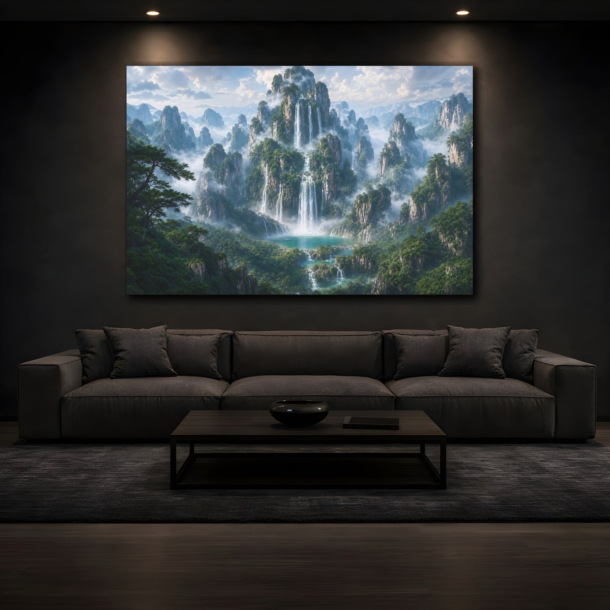 Mockup 3. Nature Waterfalls Green Blue Landscape shown as stretched canvas wall art