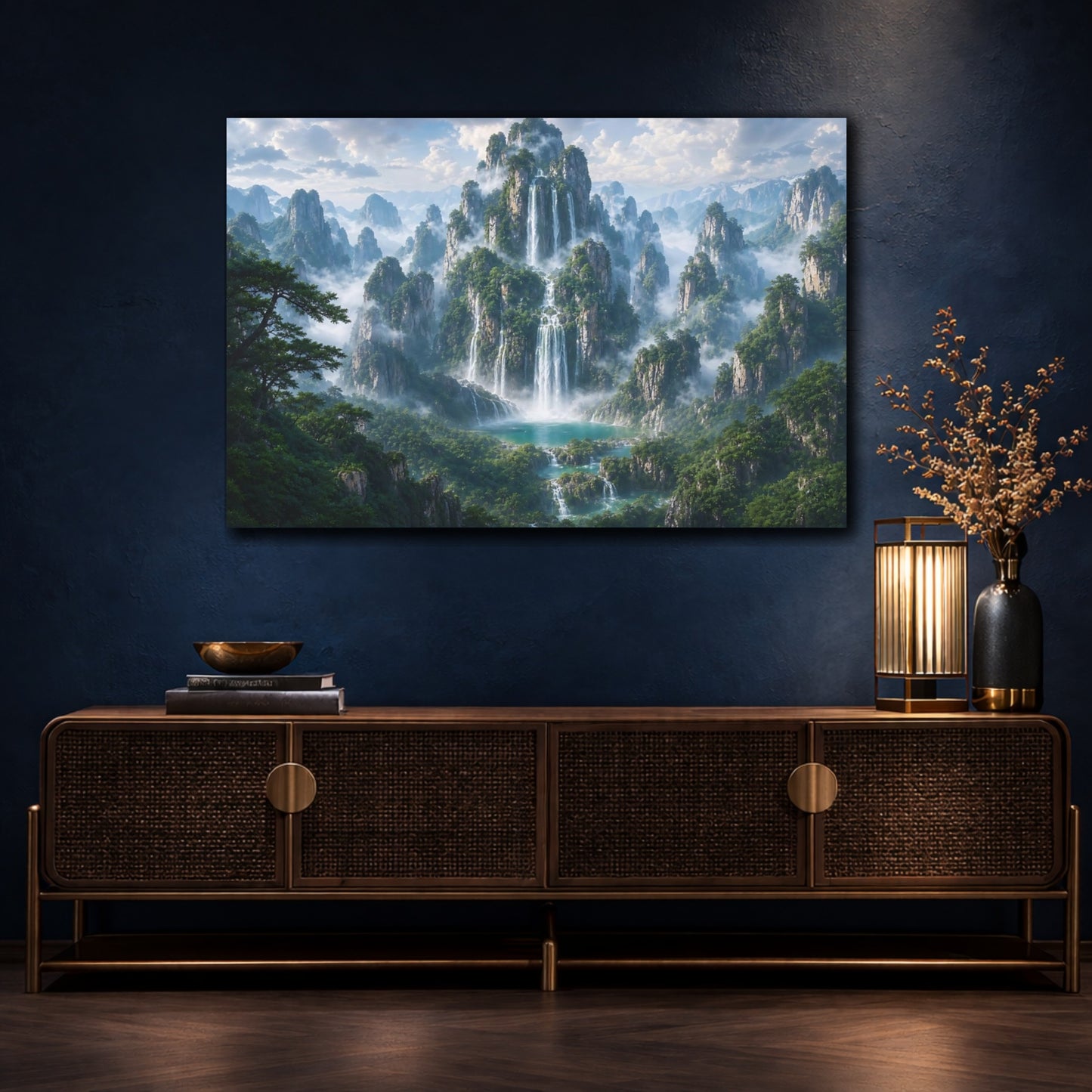 Mockup 4. Nature Waterfalls Green Blue Landscape shown as stretched canvas wall art