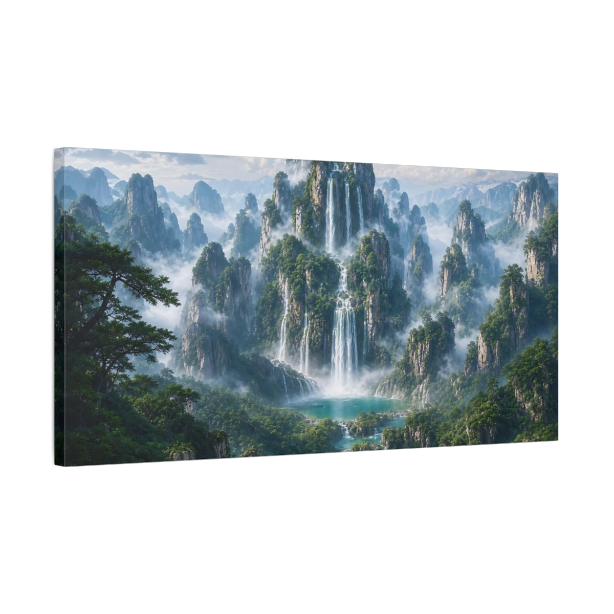 Side Mockup 1. Nature Waterfalls, Mountains Green And Blue Landscape shown as stretched canvas wall art