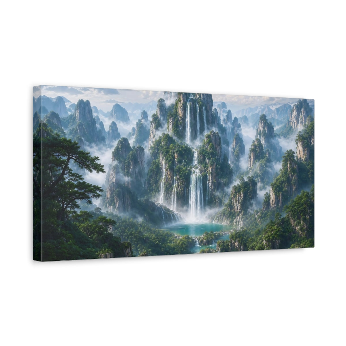 Side Mockup 3. Nature Waterfalls, Mountains Green And Blue Landscape shown as stretched canvas wall art