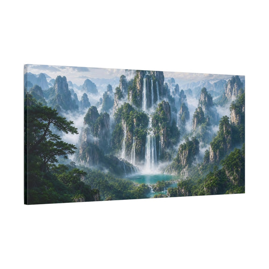Main Mockup. Nature Waterfalls, Mountains Green And Blue Landscape shown as stretched canvas wall art
