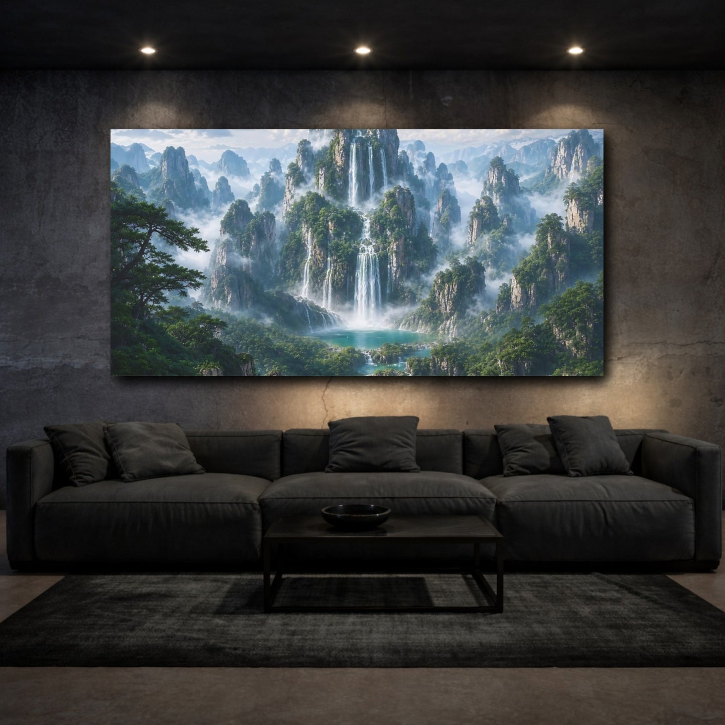 Mockup 2. Nature Waterfalls, Mountains Green And Blue Landscape shown as stretched canvas wall art