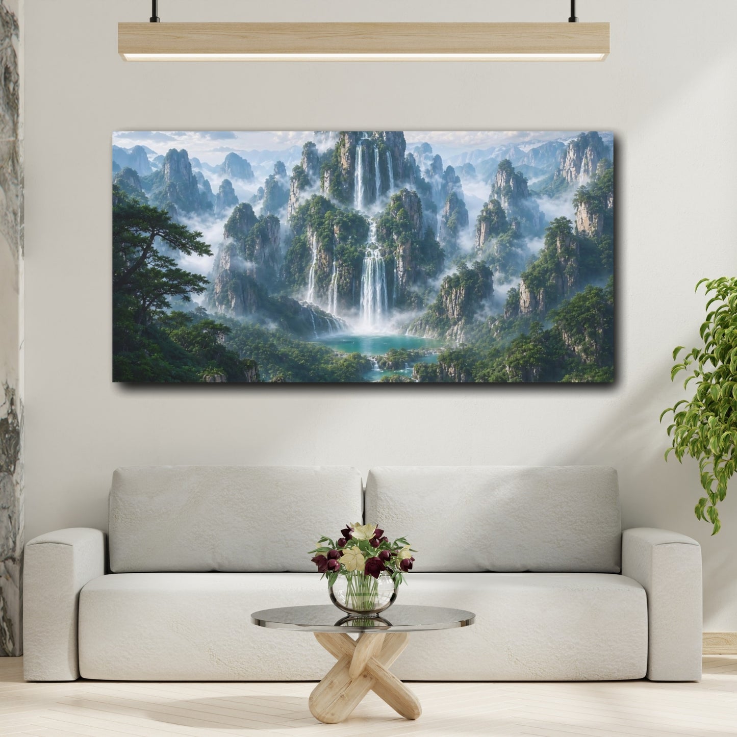 Mockup 3. Nature Waterfalls, Mountains Green And Blue Landscape shown as stretched canvas wall art