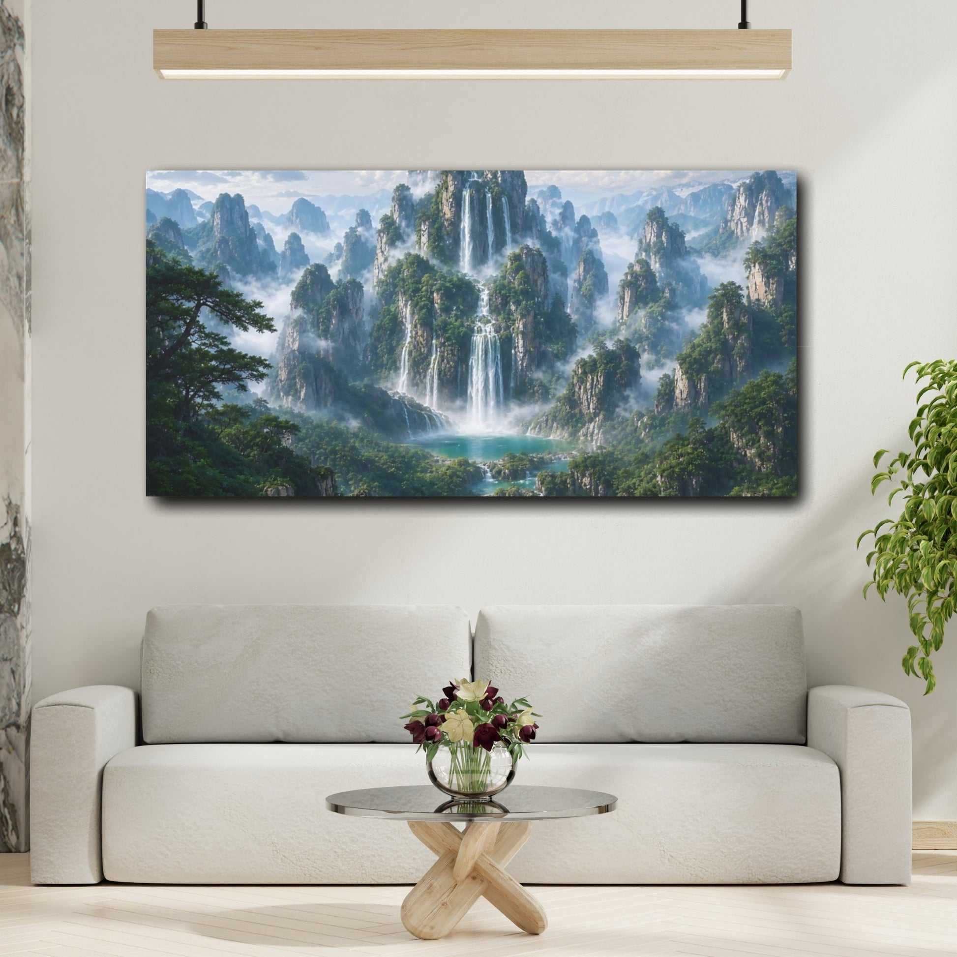 Mockup 3. Nature Waterfalls, Mountains Green And Blue Landscape shown as stretched canvas wall art