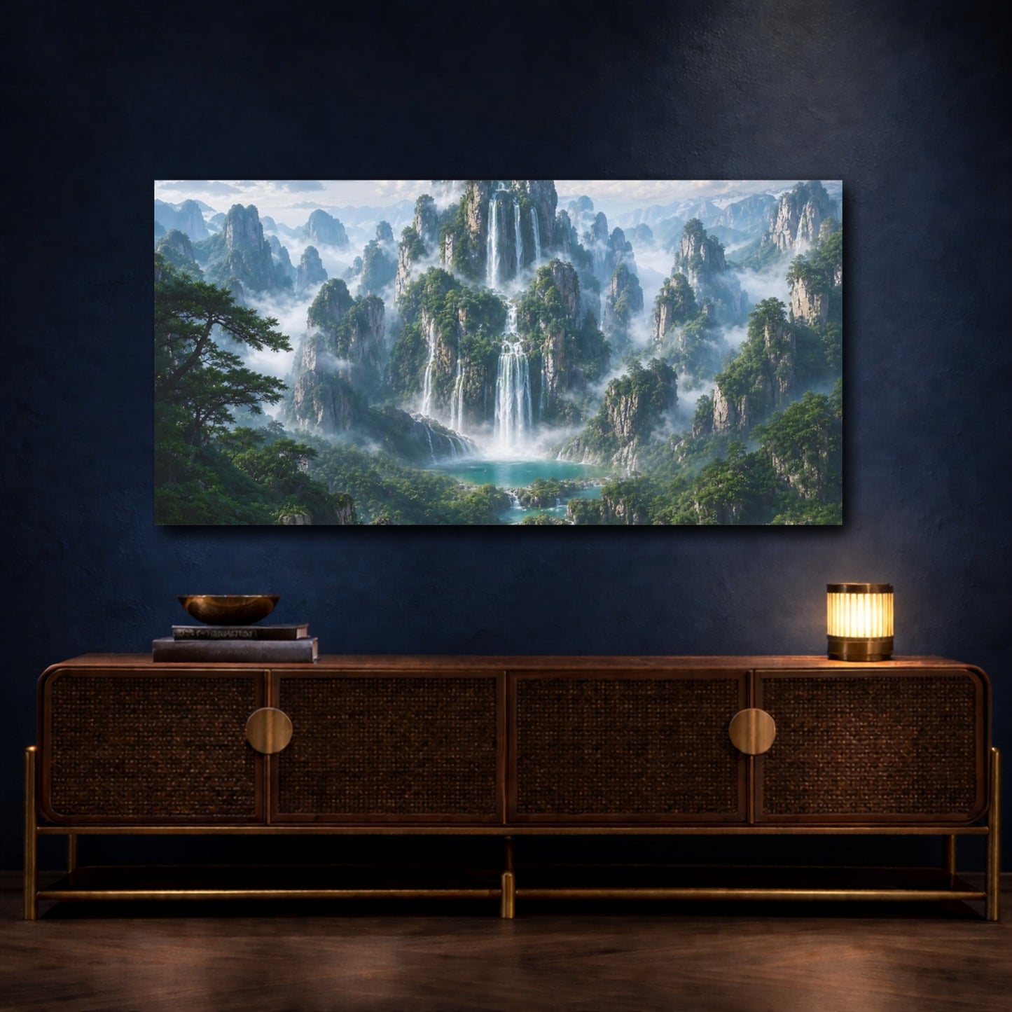 Mockup 4. Nature Waterfalls, Mountains Green And Blue Landscape shown as stretched canvas wall art
