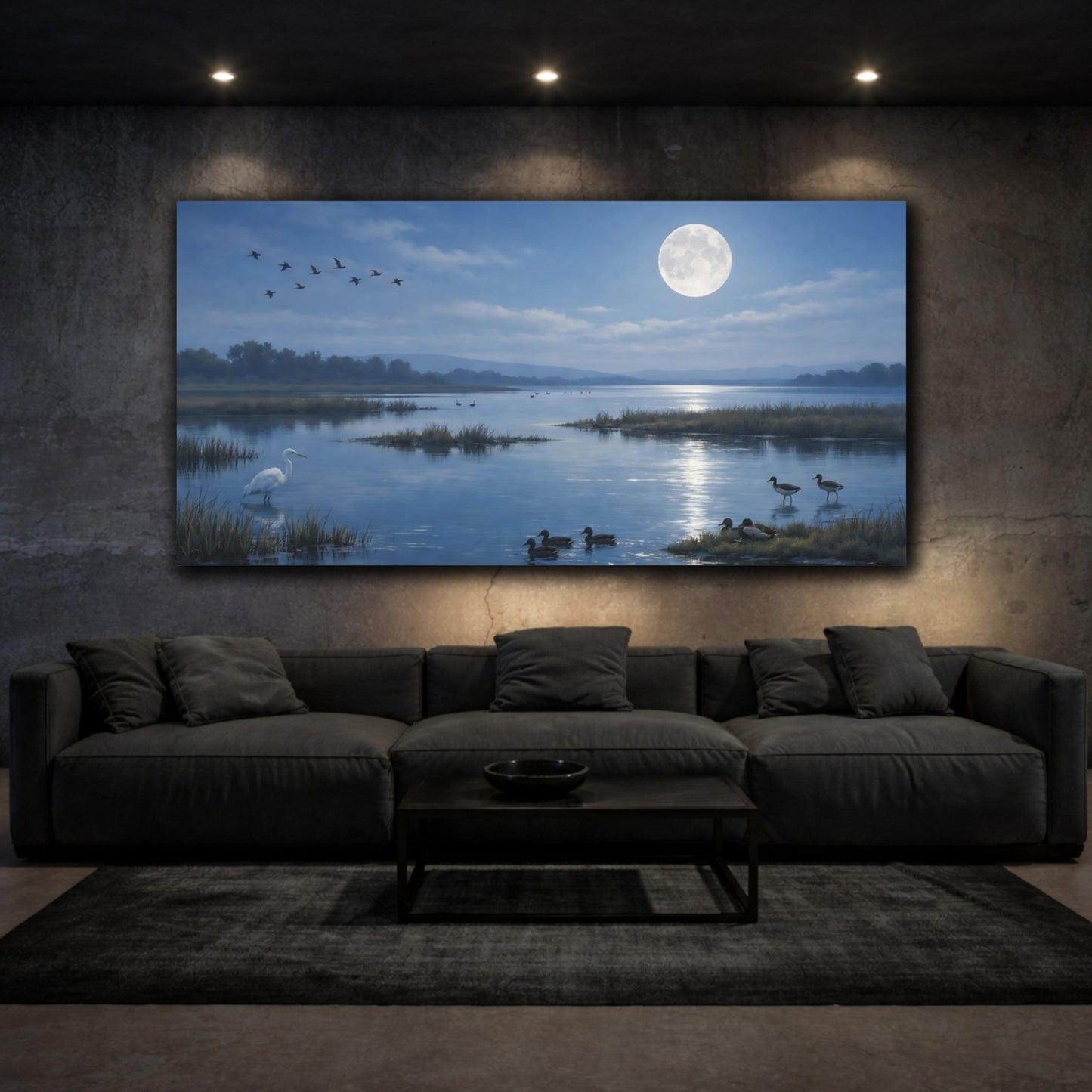 Nature Waterfowl Blue Moonlit Lake - Canvas Wall Art Print - YesArtYes
