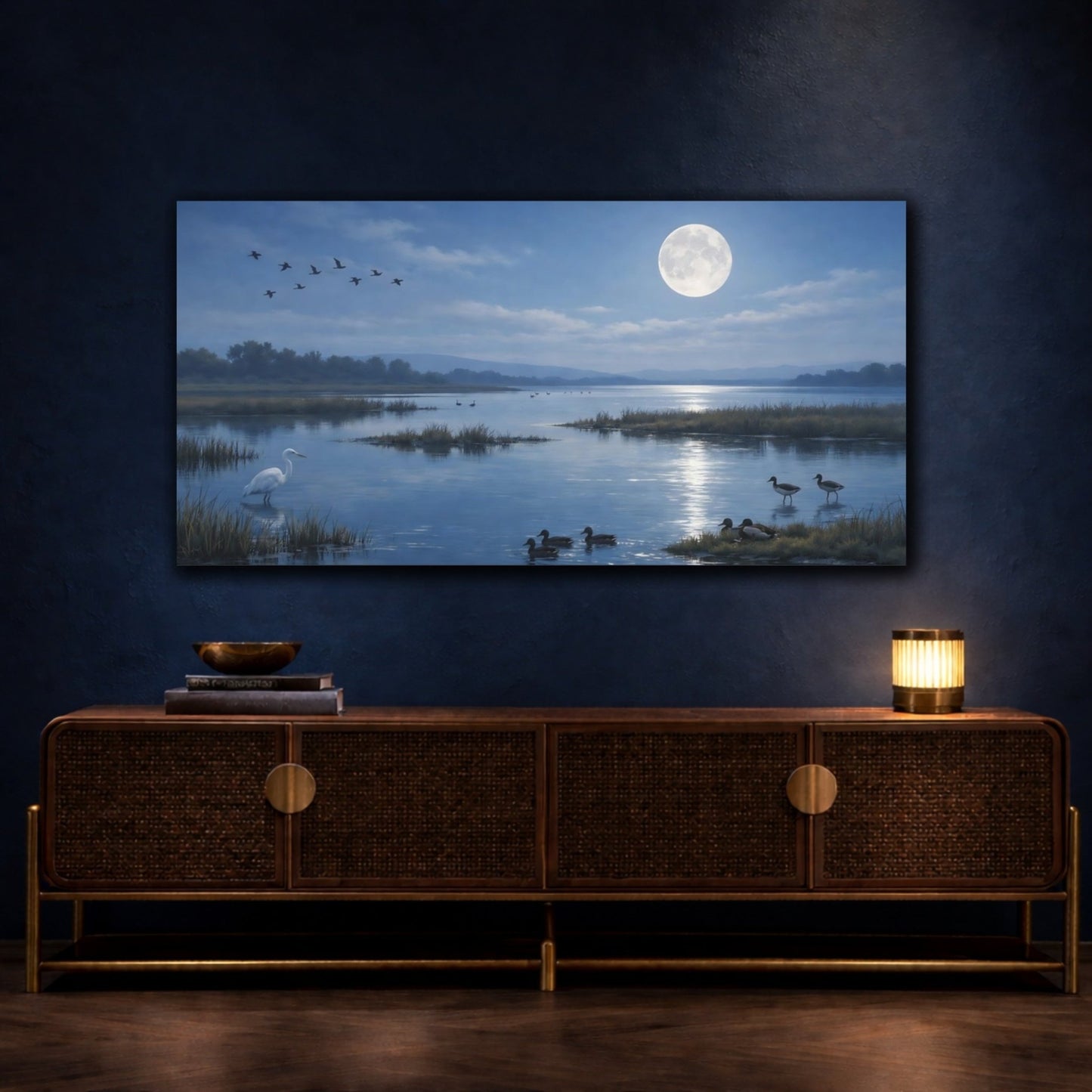 Nature Waterfowl Blue Moonlit Lake - Canvas Wall Art Print - YesArtYes