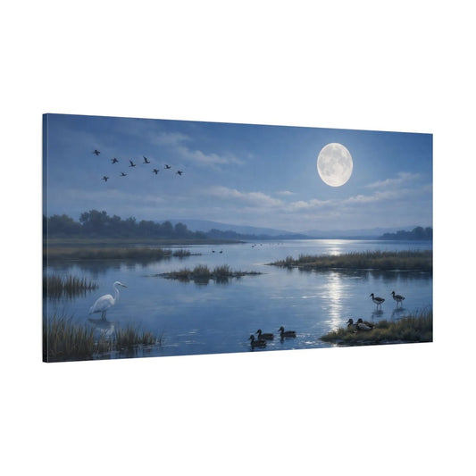 Nature Waterfowl Blue Moonlit Lake - Canvas Wall Art Print - YesArtYes