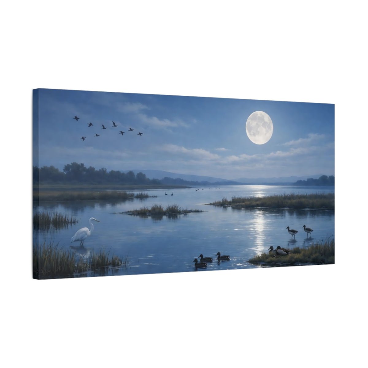 Nature Waterfowl Blue Moonlit Lake - Canvas Wall Art Print - YesArtYes