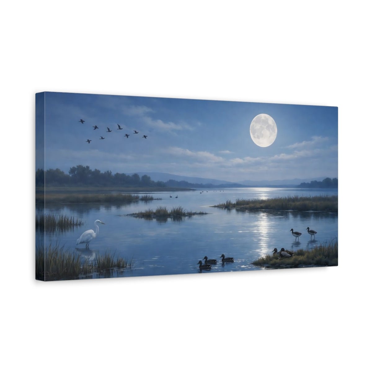 Nature Waterfowl Blue Moonlit Lake - Canvas Wall Art Print - YesArtYes