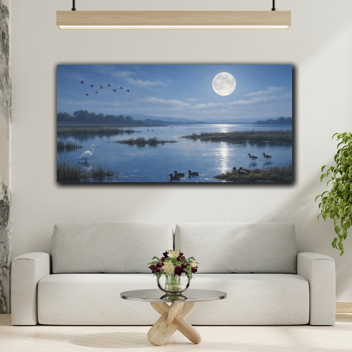 Nature Waterfowl Blue Moonlit Lake - Canvas Wall Art Print - YesArtYes