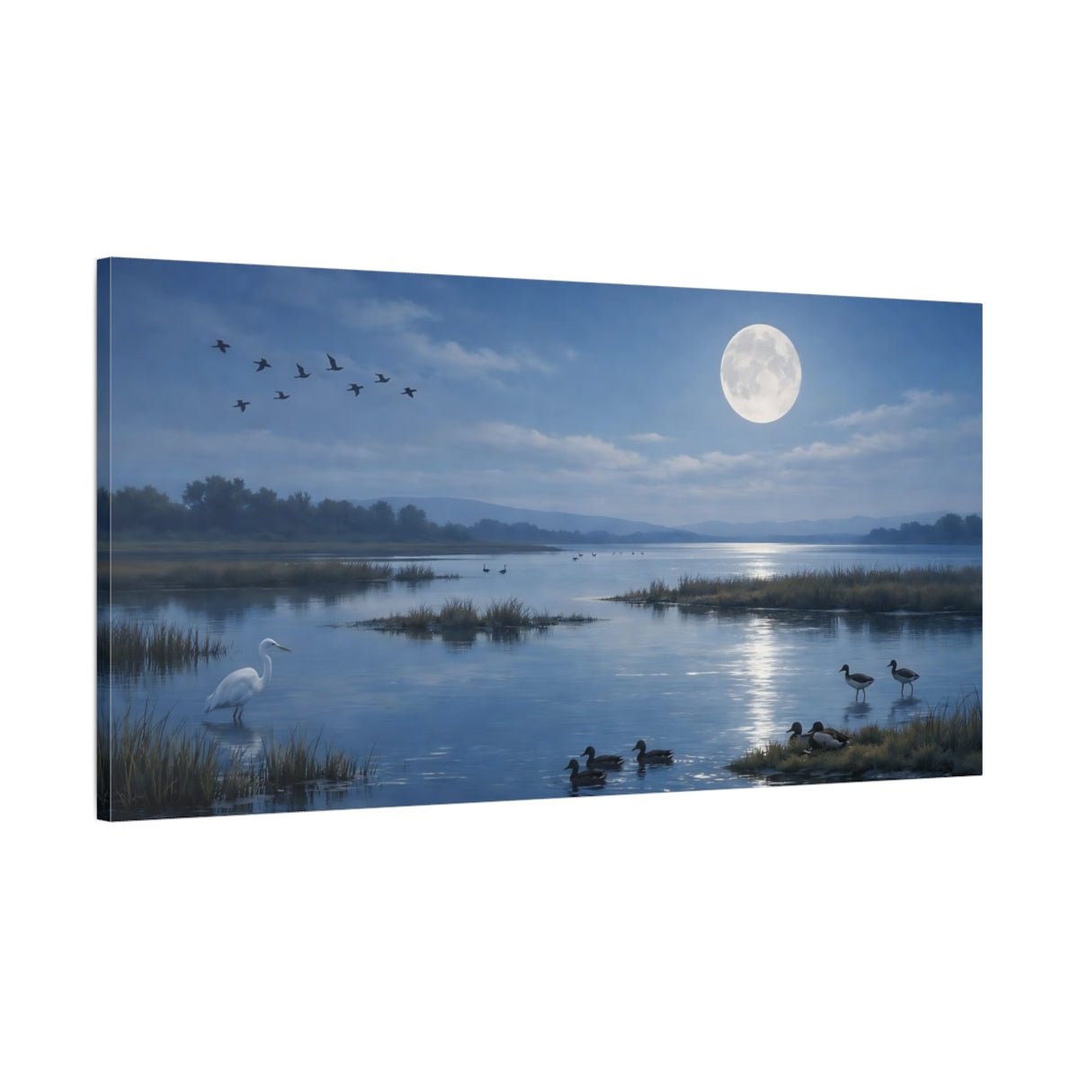 Nature Waterfowl Blue Moonlit Lake - Canvas Wall Art Print - YesArtYes