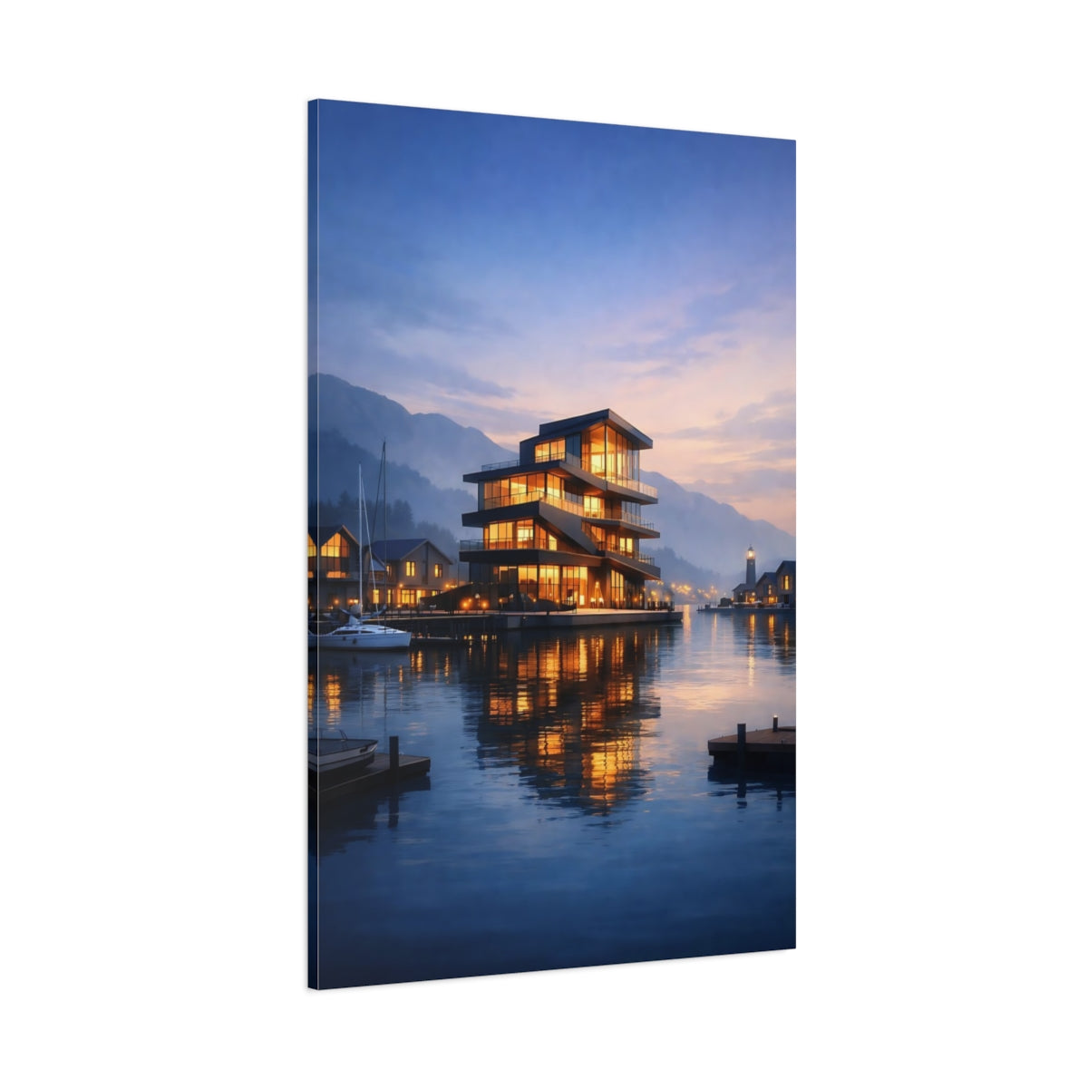Main Mockup. Nature Waterfront Building Blue And Orange Waterfront shown as stretched canvas wall art